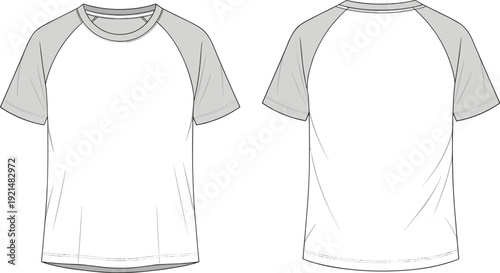 Raglan t-shirt illustration, front and back views, short sleeves, diagonal seam design, casual apparel, fashion garment, vector artwork