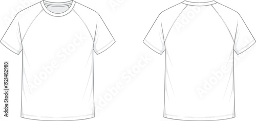 Raglan t-shirt technical flat sketch, front and back views, short sleeves, crew neckline, diagonal seam, fashion apparel vector artwork