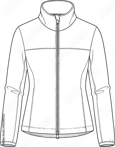 Women’s fitted jacket fashion line art flat vector illustration, apparel design, tailored garment, front view, stitching detail artwork