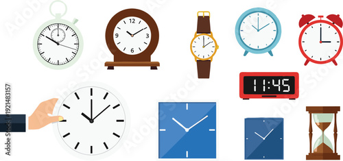 Collection of various clocks including digital alarm clock wristwatch stopwatch and hourglass vector illustrations for time management and scheduling concept