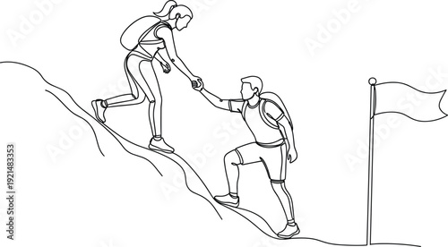 Continuous line art drawing of a man helping a woman climb a mountain towards a flag representing teamwork, support, and achievement.