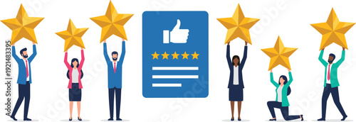 Diverse professional team of business people holding gold stars and giving high ratings for customer satisfaction, feedback, and positive reviews