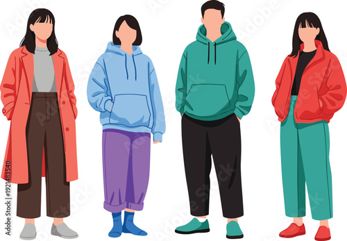 Group of young people wearing colorful casual autumn and winter fashion clothing including coats hoodies and jackets vector illustration isolated
