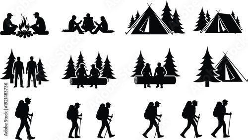 Large collection of camping and hiking silhouettes featuring backpackers tents campfires and outdoor adventurers isolated on white background for travel and wilderness designs.