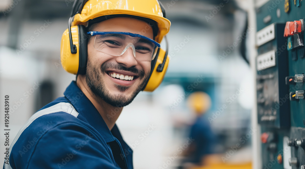 custom made wallpaper toronto digitalSmiling male technician wearing safety gear works confidently inside a modern industrial facility.