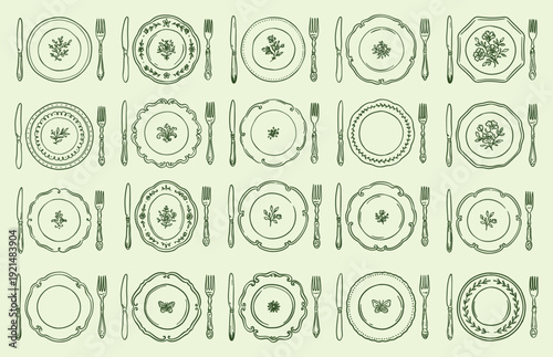 Large set of table setting vector illustrations. Various decorative plates with floral ornaments, forks, and knives. Hand drawn outline doodle for restaurant menus and culinary design.