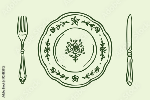 Vector illustration of table setting. Elegant decorative plate with ornament, vintage style fork and knife. Hand drawn outline doodle for restaurant menu, cafe decor or cooking blog.
