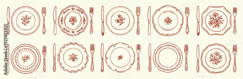 Horizontal set of table setting vector illustrations. Brown outline plates with botanical patterns, knives, and forks. Vintage doodle design for restaurant menus and kitchen decor.