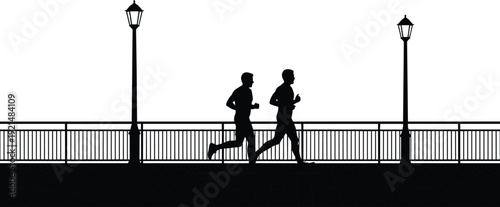 Two men jogging on a bridge at night silhouette vector illustration with street lights and railing for fitness and healthy lifestyle concept