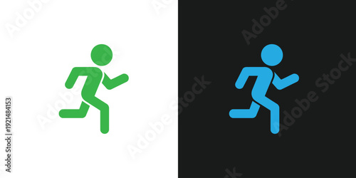 Simple illustrations of a person running on contrasting white and black backgrounds from a straightforward side viewpoint showcasing dynamic human movement