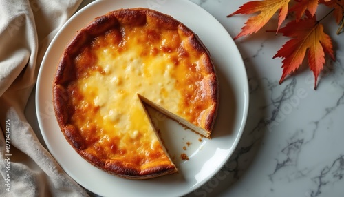 Golden baked cheese pie on white plate. Slice removed shows creamy filling and crust. Autumn leaves and cloth arranged on marble surface. Warm cozy dessert.