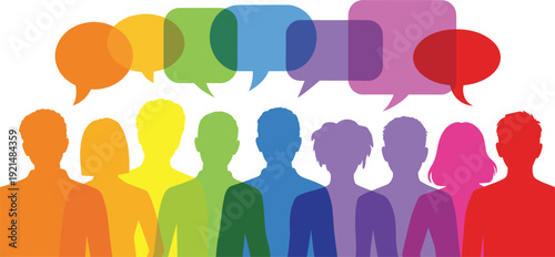 Diverse group of people with colorful speech bubbles, communication concept, teamwork, social interaction, conversation, isolated on white background, vector