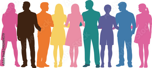 Diverse people silhouette illustration, group standing together, colorful unity, community concept, teamwork diversity, equality vector, human connection art