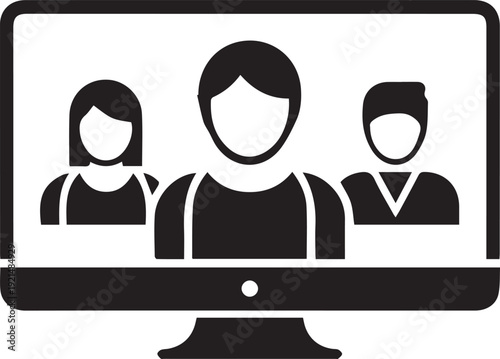 Three stylized people avatars appear displayed centrally on a computer monitor screen for a remote video conference.