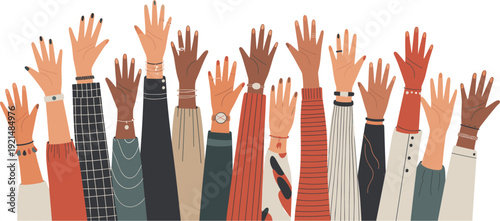 Diverse raised hands illustration, group of people, unity, community support, activism, volunteering, equality, togetherness, celebration, cultural inclusion