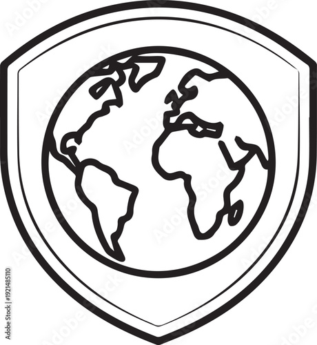 A simplified drawing of the planet Earth enclosed within a protective shield shape signifying global security or environmental defense.