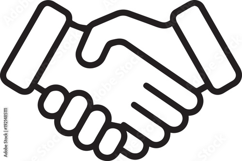 Two outlined hands firmly clasp together in a handshake gesture representing agreement, contract, or business partnership.