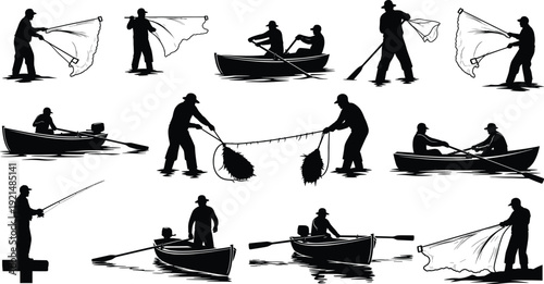 Fishermen silhouette vector set, casting fishing nets, rowing boats, traditional fish catching, outdoor water activity, black isolated illustrations.
