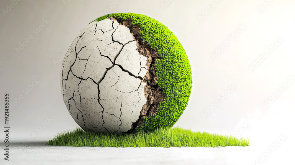 Fototapeta premium half-mossy ball with a cracked texture on a transparent background
