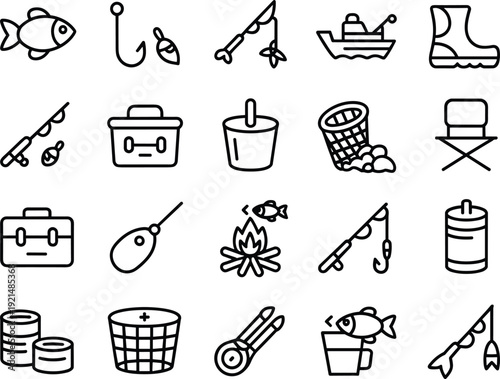 Fishing icon set, fishing rod and hook, fish bait, fishing boat, fishing gear, tackle box, camping, outdoor recreation, fish catching tools