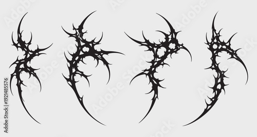 Cyber Sigilism Vector Ornaments. Black Gothic Tribal Shapes, Sharp Neo-Tribal Tattoo Elements, Abstract Edgy Graphic Assets for Streetwear and Dark Aesthetic Designs.