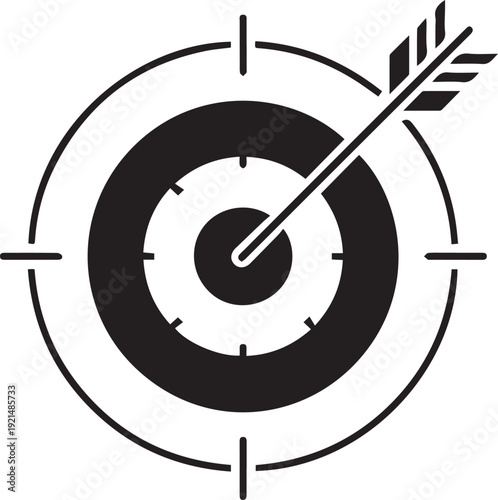Archery target symbol with an arrow hitting the exact center bullseye demonstrates perfect accuracy and goal achievement.