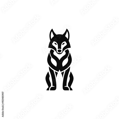Simple black and white illustration of a wolf standing on all fours viewed from the front in a minimalist style