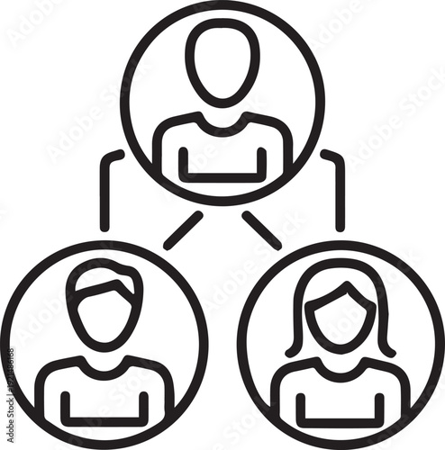 Simple network icon illustrates a central person connected by lines to a male subordinate and a female subordinate below.