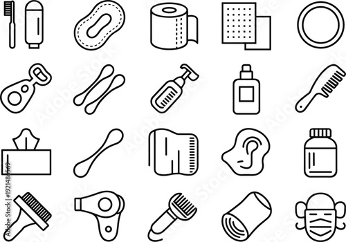 Essential hygiene icons, personal care items, bathroom products, grooming tools, cleaning accessories, daily routine, medical, sanitary, health illustrations