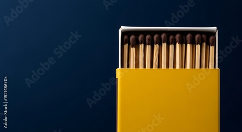 Close-up of a yellow matchbox filled with wooden matches against a dark blue background.