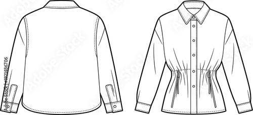 Flat sketch of long sleeve button-down shirt with waist drawstring, technical fashion design, front and back shirt vector template