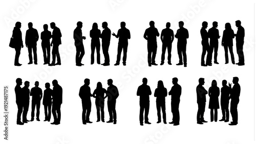 Groups of People Standing and Conversing Elevation Black Silhouettes Vector Set