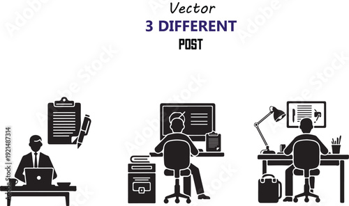 Three different people working on computers in various office settings