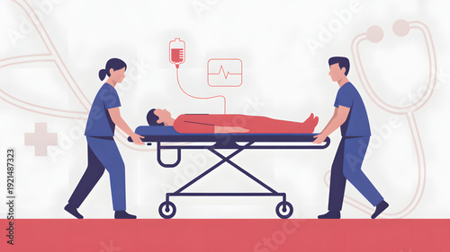 Medical staff moving patient on stretcher.