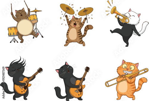 Funny cartoon cats playing musical instruments, including drums, guitar, trumpet, and cymbals, in a fun and energetic band performance.