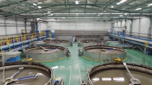Rare earth mineral separation facility interior with multiple industrial tanks and magnetic separators arranged in a spacious, well-lit production area