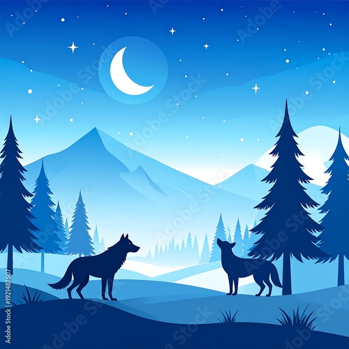 Night scene two wolves, mountain backdrop, evergreen trees, moon and stars, blue shades