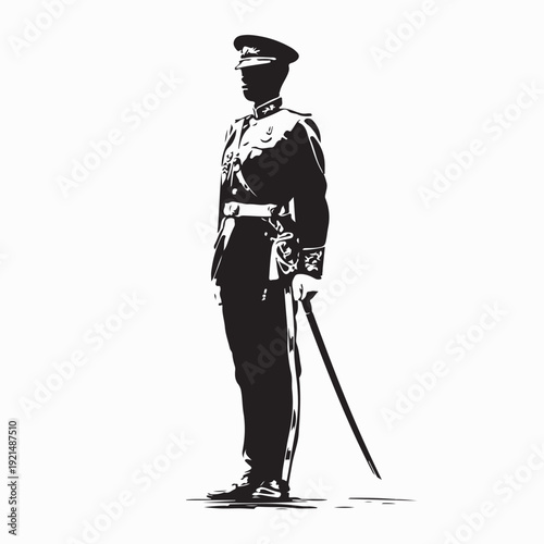 Uniformed Soldier Holding Sword Vector Silhouette Illustration on White Background