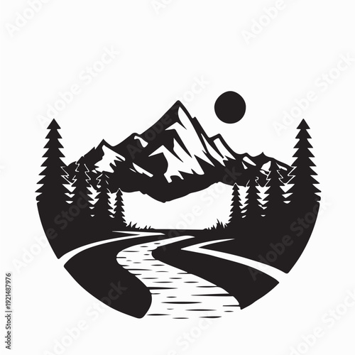 Peaceful Mountain and Flowing River Vector Logo Design on White Background