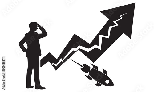 Confused businessman watches rocket plummet as stock market graph spikes and cracks upwards