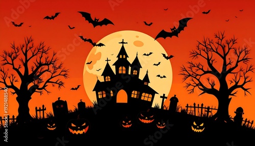 Spooky, silhouetted haunted house with pumpkins, graves, bats, trees, and full moon on orange background