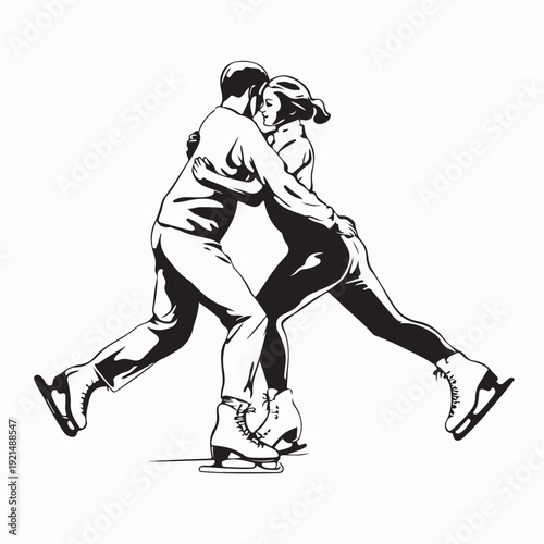 Happy Young Couple Ice Skating Vector Illustration in Winter