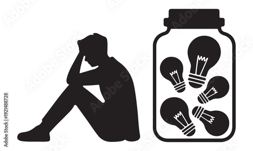 Frustrated person sits alone, brainstorming trapped lightbulbs in a jar, facing creative block