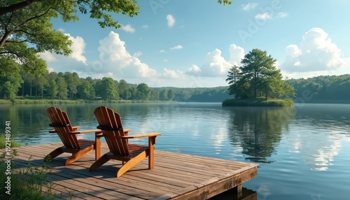 Two wooden chairs on a dock by a calm lake with trees on the shore. Peaceful nature scene offers quiet relaxation and scenic views. Ideal for a serene getaway.