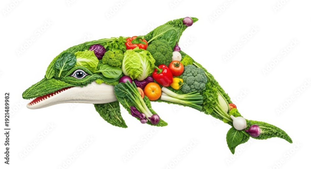 Fototapeta premium Creative vegetable dolphin sculpture, healthy food art