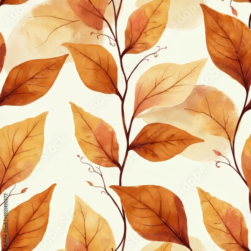 Warm autumn leaves pattern with soft watercolor texture. Gentle branches with orange and yellow foliage repeat across light background. Nature inspired textile design.