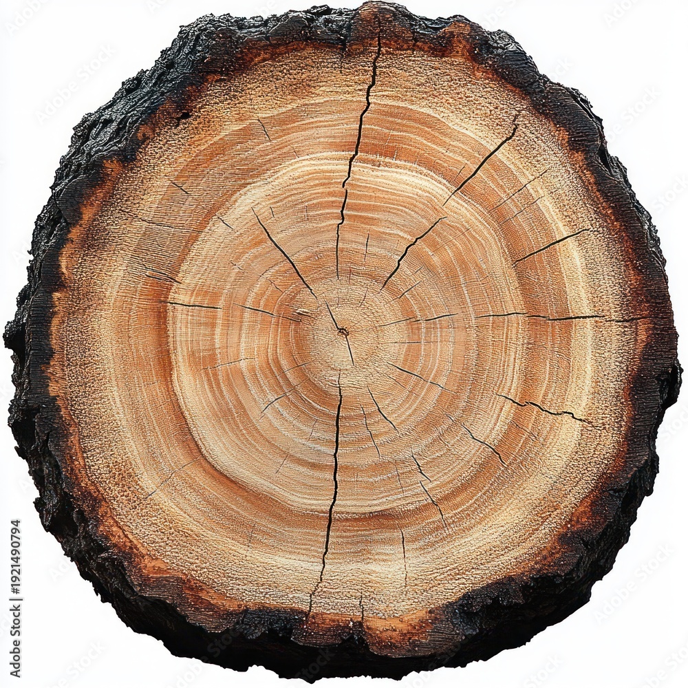 Obraz premium circular tree trunk cross-section showing concentric growth rings, radial cracks and dark bark edge, evoking natural warmth and timelessness