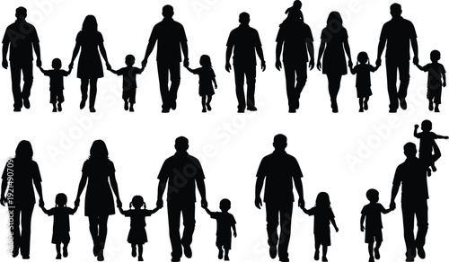 Family walking silhouettes collection with parents and children holding hands together black vector illustration set isolated on white background for lifestyle design use