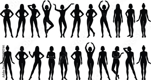 Female body silhouettes set showing diverse poses fashion confidence and modern lifestyle figures isolated on white background for design illustration commercial use