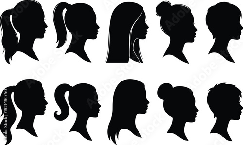 Female profile silhouettes set with different hairstyles side view isolated on white background beauty fashion hairstyle design concept illustration collection